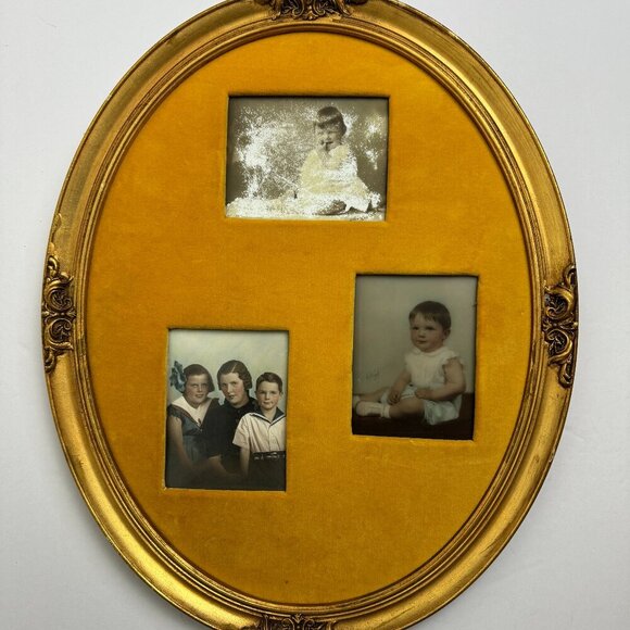 Vintage / Retro Oval 12.5" x 15.5"3 Opening Photos Collage FrameGold Patina
